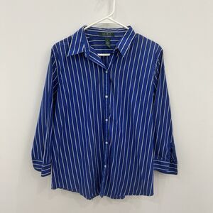Lauren Ralph Lauren Navy White Striped Long Sleeve Shirt XL 100% Cotton Office